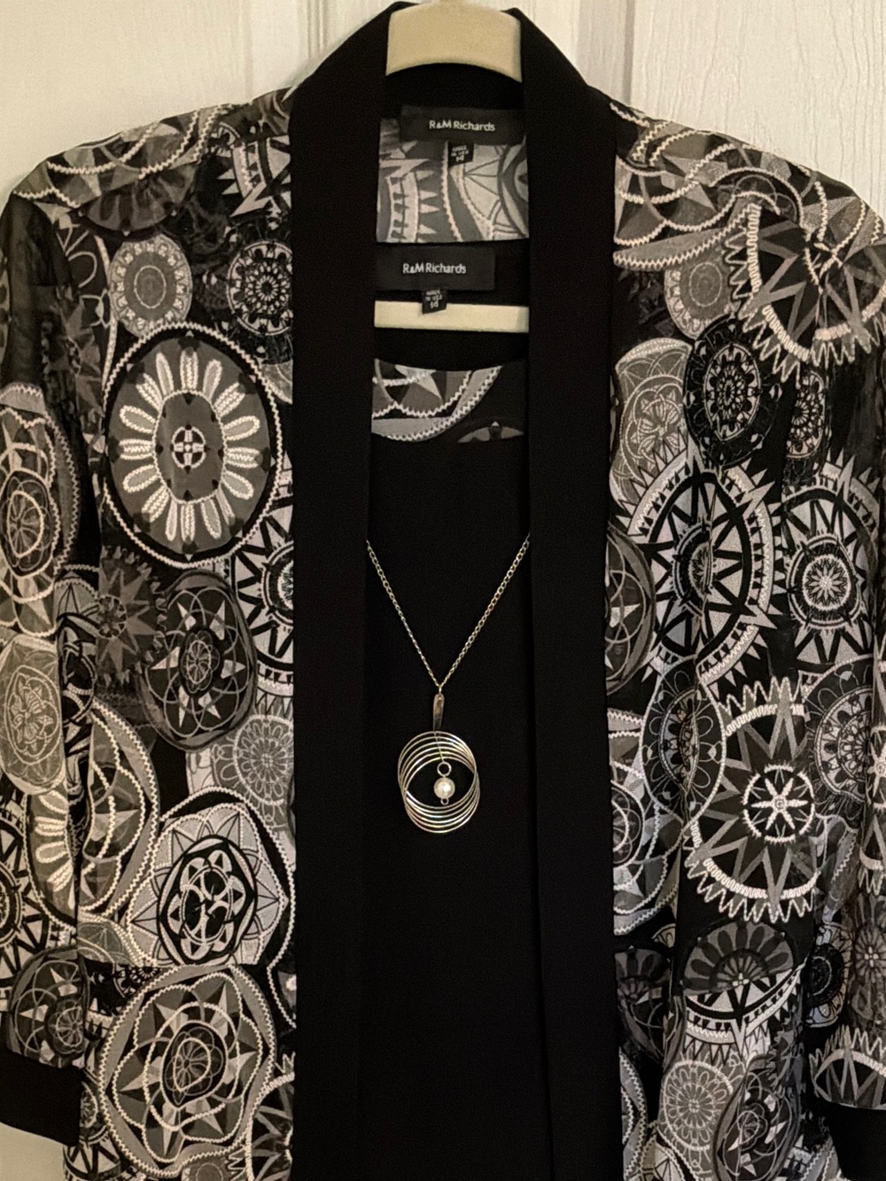 R&M Richards Black & White Medallion Open-Front Jacket and black dress